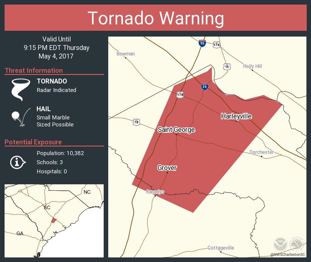 Tornado Warning including Saint SC, Harleyville SC, Grover SC