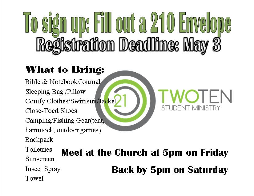 Guys Weekend manana! Check out the What-to-bring list and see you at the church tomorrow at 5:00pm.  #210guys