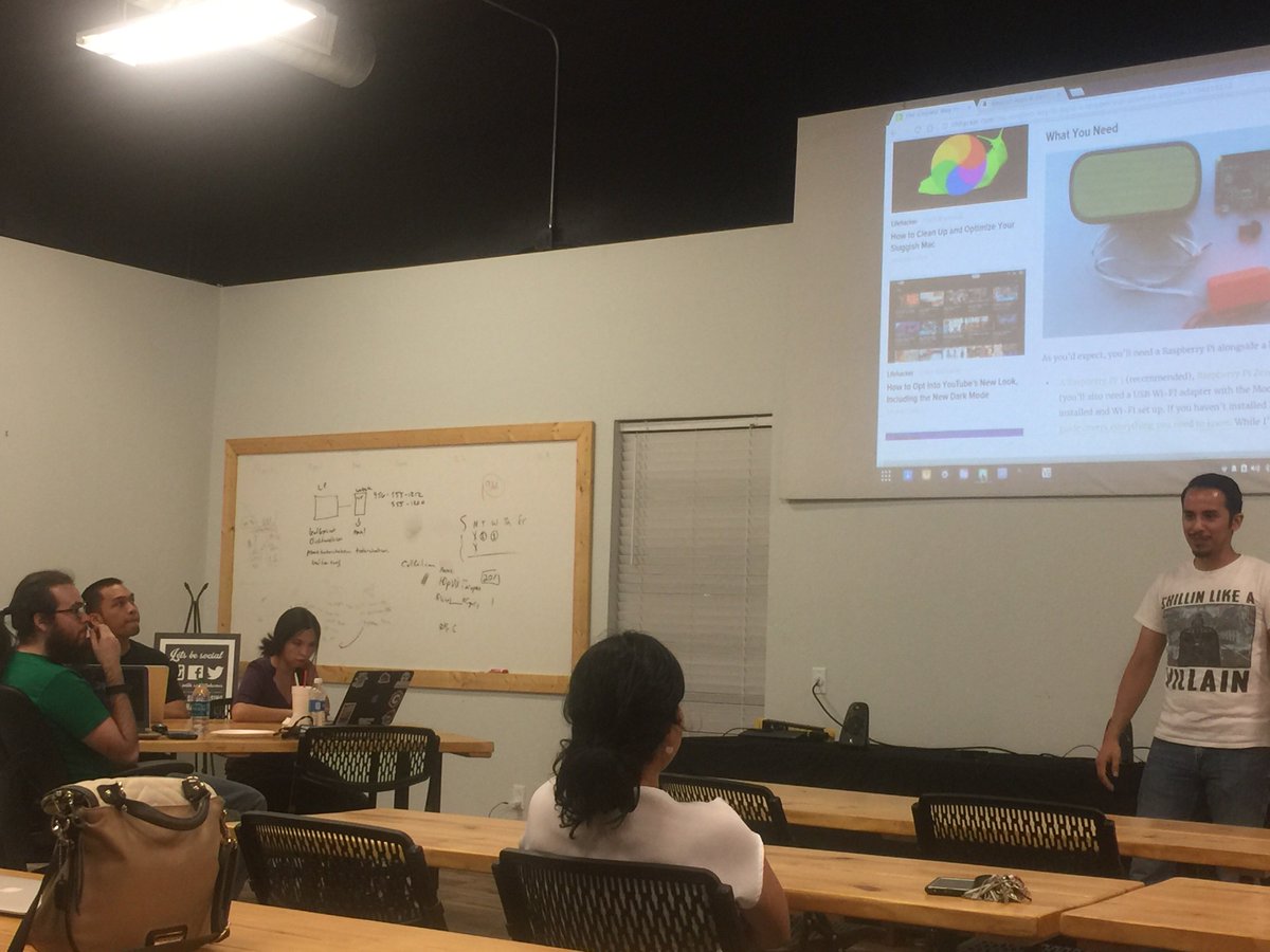 Codergv's tweet photo. Cool discussion on putting Amazon Alexa on a rasperri pi!! Thanks #pizzahut & #LandF for making this a #TechSocial at #GrindStone!! #alexa https://t.co/t77Jp0h4fM