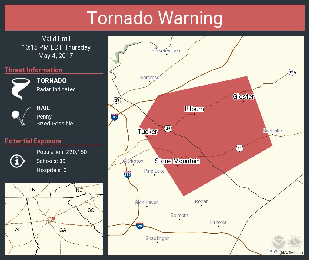 Tornado warning continues for tucker ga, lilburn ga, stone mountain ga