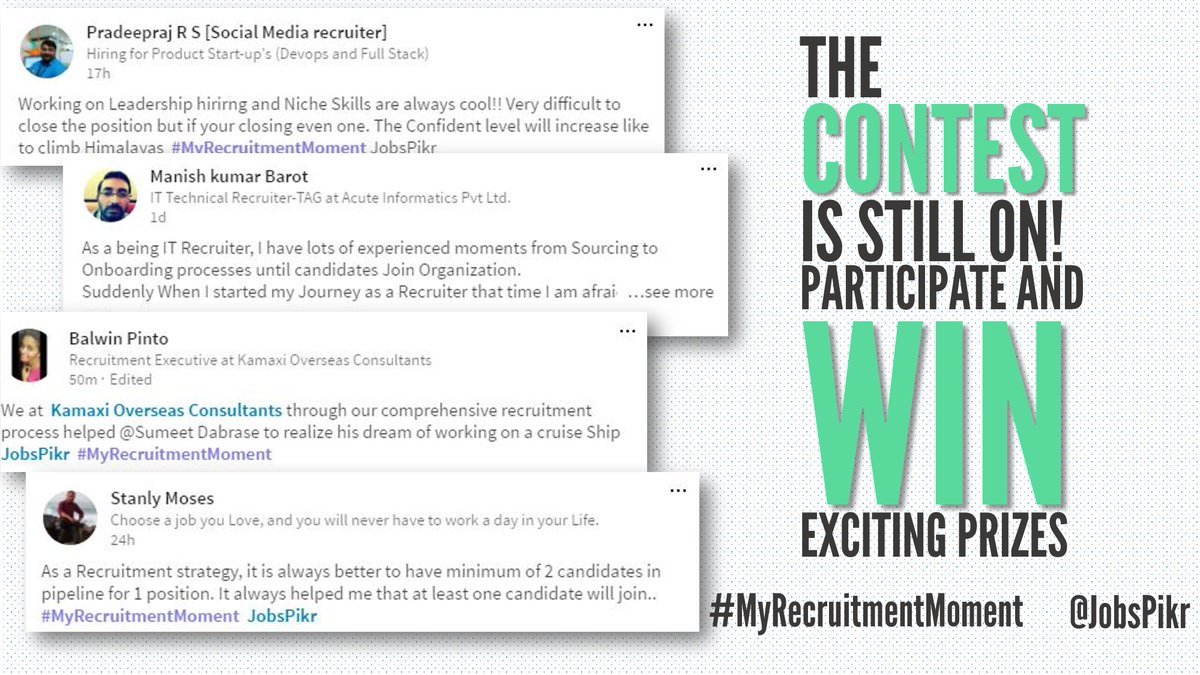 JobsPikr's tweet photo. Recruiters, you still have time to participate &amp; win. #Contest details &amp; prizes - https://t.co/ddbTLIDXNs #ContestAlert #MyRecruitmentMoment https://t.co/SoDJ4R5k44