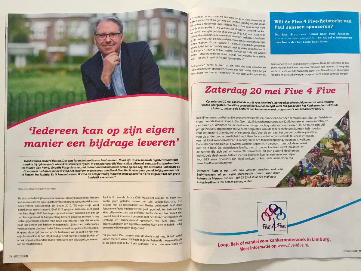 Zaterdag 20 mei Five4Five; sportief bezig zijn voor Kankeronderzoekfonds Limburg. Doe mee! Schrijf je in five4five.nl