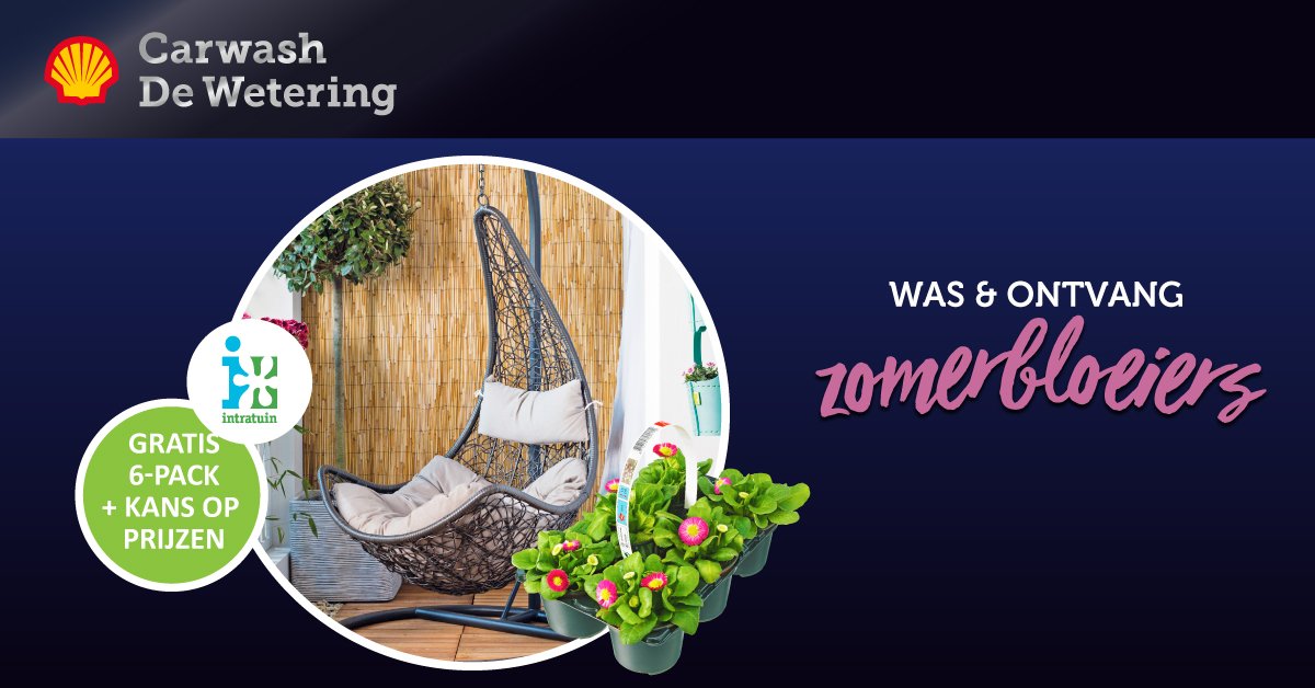 ShellDeWetering's tweet image. Kom wassen en ontvang een bon voor 6 gratis zomerbloeiers! Maak tevens kans op 1 van de 5 combideals en de hangstoel van @IntratuinLR030