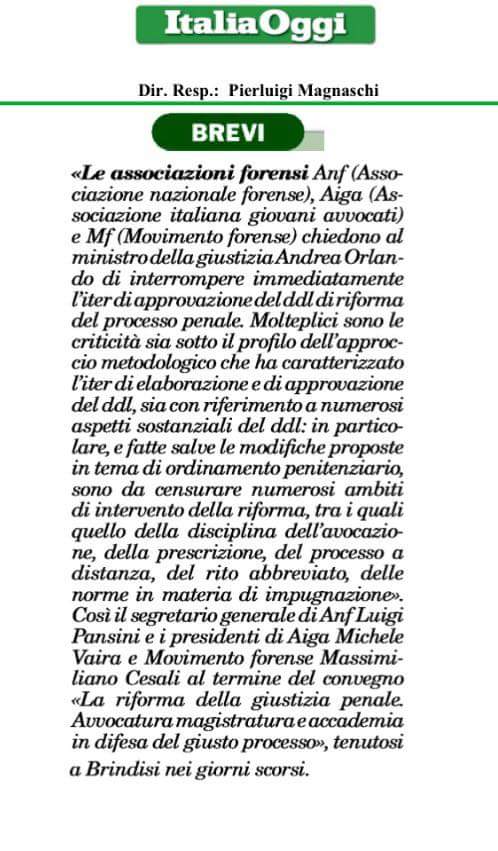 <a href="/mvaira/">M</a> <a href="/Atta1978D/">Domenico Attanasi</a> <a href="/MCesali/">Massimiliano Cesali</a> <a href="/GigiPansini/">Gigi Pansini</a> <a href="/ItaliaOggi/">ItaliaOggi</a> #Aiga <a href="/ANFSindacato/">ANFSindacato</a> <a href="/radiotribunale/">RadioTribunale</a>  #AndreaOrlando Stop #DdlRiformaProcessoPenale