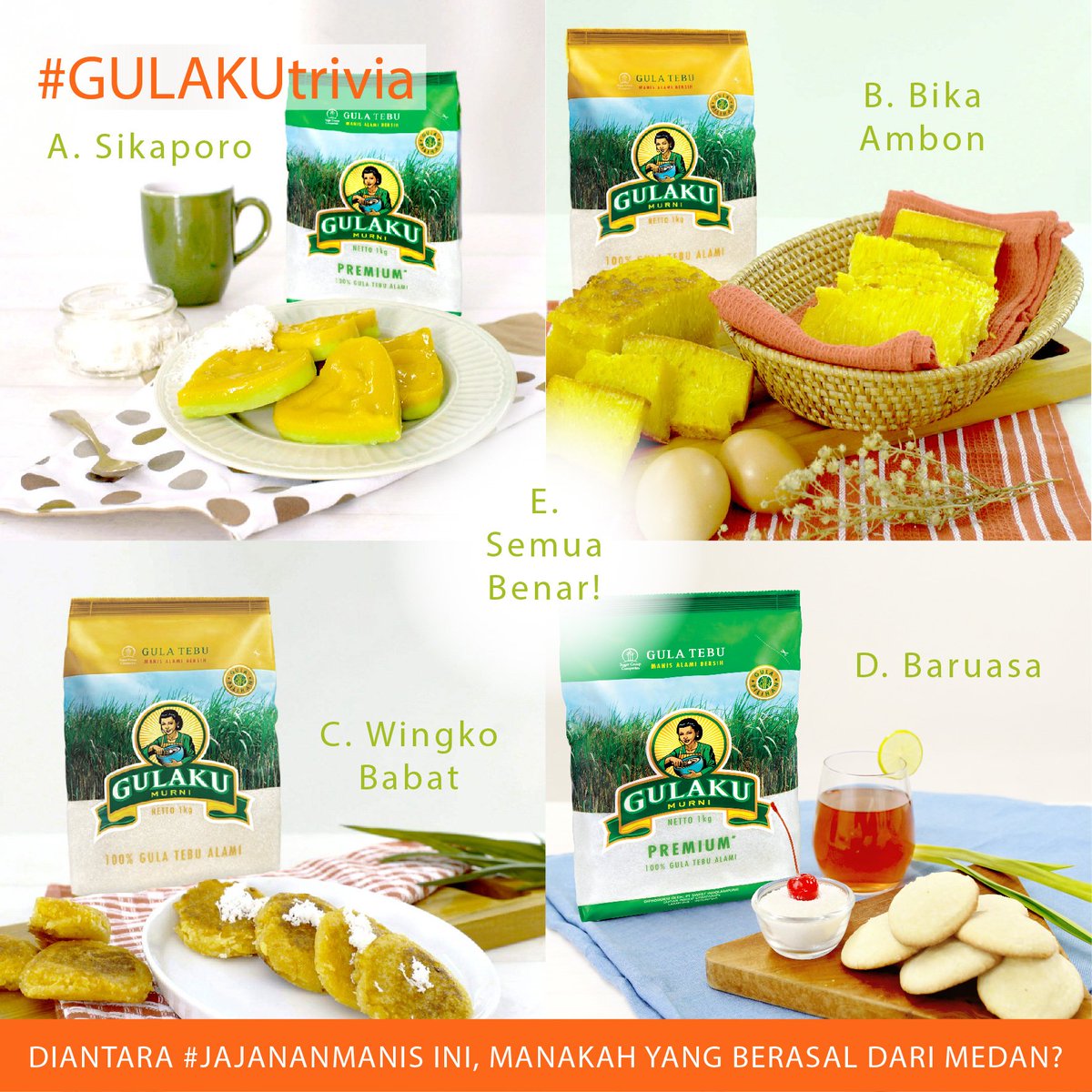 Gulaku's tweet photo. Wingko Babat ditabur gula, Jumat semangat waktunya GULAKUTrivia! :) 
#JajananManis manakah yang berasal dari Medan? https://t.co/t1IlytkwW2