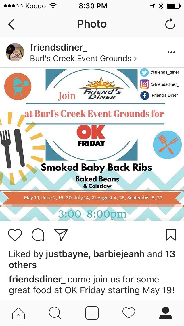 friends_diner's tweet photo. Only two weeks until you can enjoy great ribs from friends diner at OK Fridays at burls creek. https://t.co/FaGPen05ad