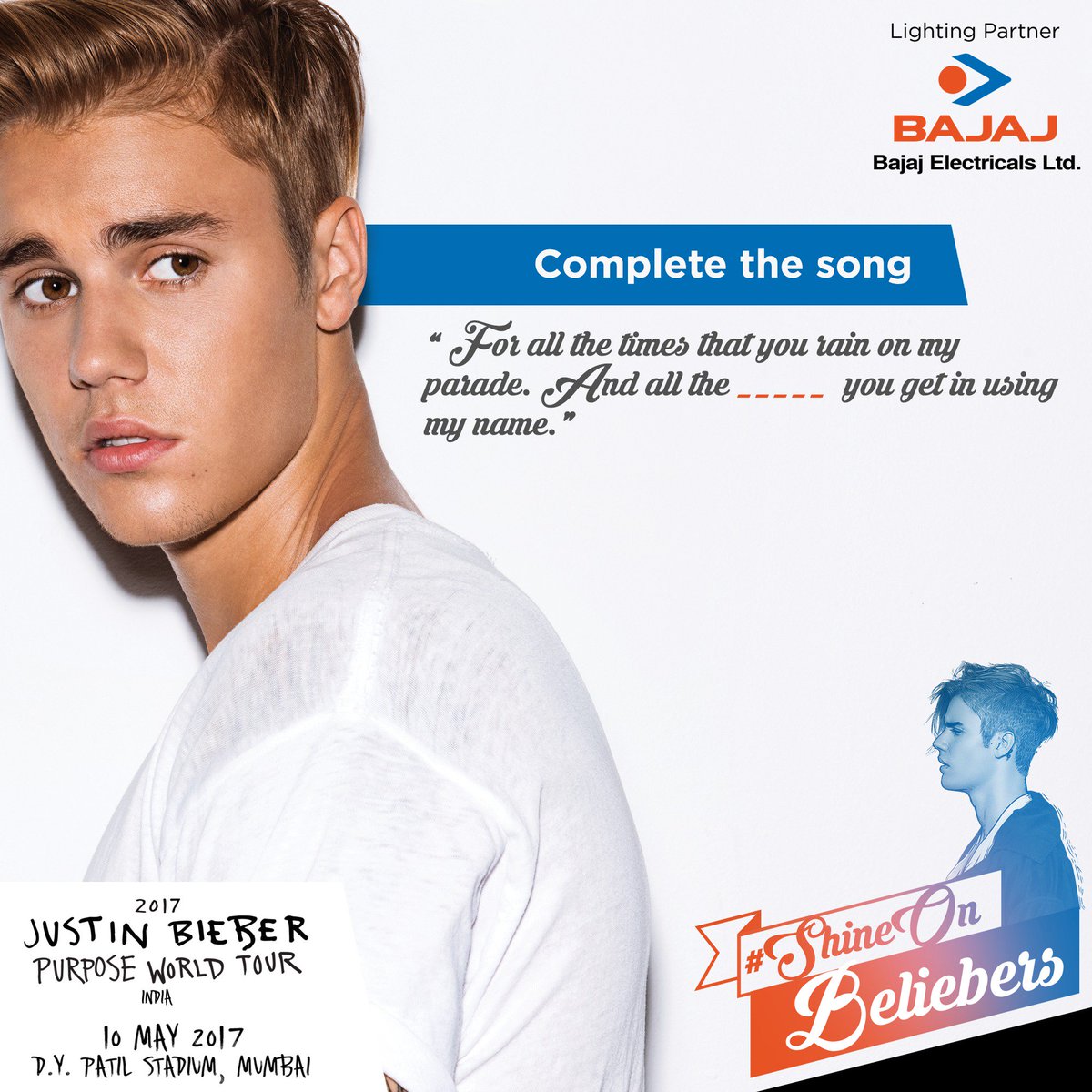 BajajElectrical's tweet photo. We know that you know it! Post your answers below using #ShineOnBeliebers for a chance to win 2 passes to the #PurposeWorldTour. https://t.co/EBKSPviUgy