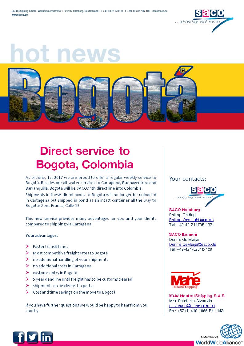 As of June, 1st 2017 we offer a regular weekly direct #LCL #NVOCC service from #Hamburg to #Bogota.