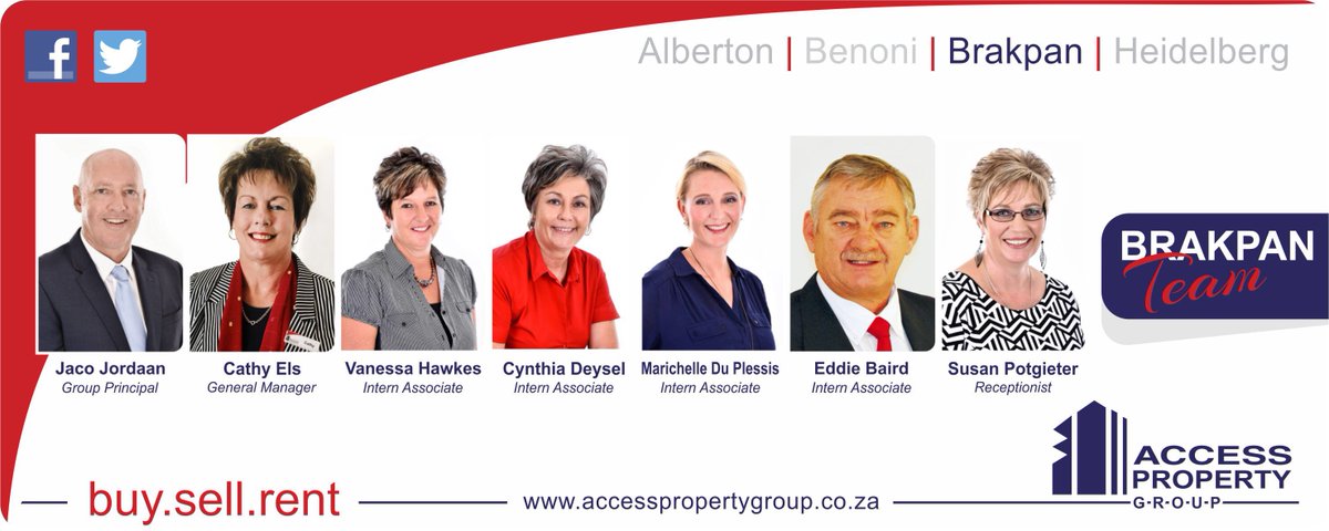 AccessPGza's tweet photo. Meet our Brakpan Team
Tel. 011 740 8309 &amp; Tel. 011 740 7530
#AccessPropertyGroup #AccessEstates #Realty #EstateAgents #Brakpan #cirobertson https://t.co/UJRV21f8I7