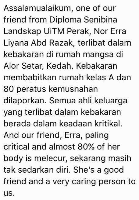 mppuitmsi's tweet photo. [MAKLUMAN]
Assalamualaikum wbt. Doakan Nor Erra Liyana Abd Razak alumni UiTM Perak pelajar landskap, semoga dipermudahkan dan cepat sembuh.. https://t.co/Q260TR6EDV