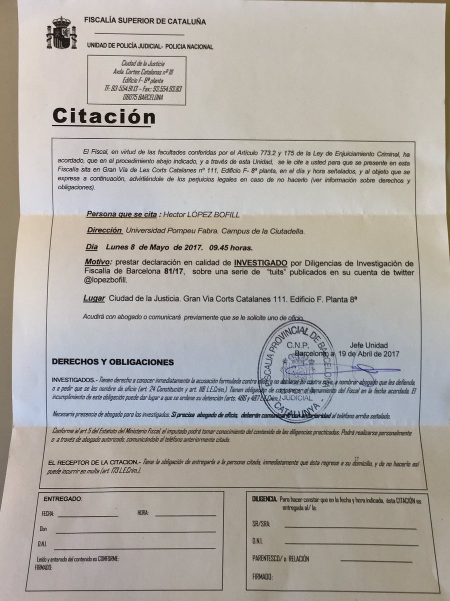 La fiscalia em crida a declarar per les meves opinions polítiques.Un nou atac a la llibertat d'expressió. Espanya més a prop de Turquia.
