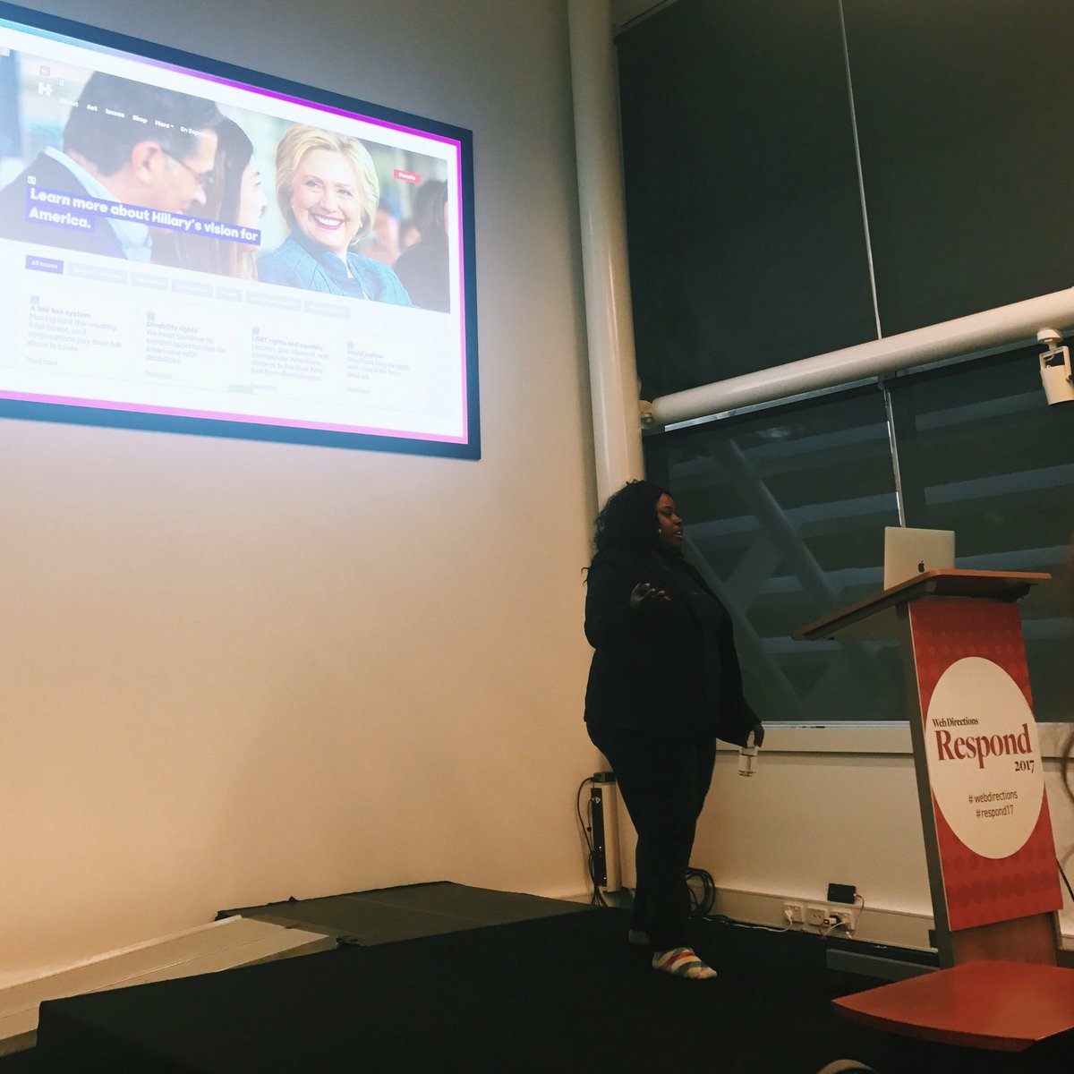 _emmagoddard's tweet photo. @MinaMarkham on styling Hilary's digital campaign AKA "trying (and failing) to save the republic with CSS" 😂 #respond17 #webdirections https://t.co/4zacKh9lYh