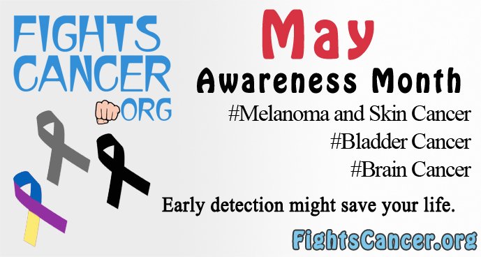 fightscancer's tweet photo. #May #cancer awareness month for #BrainCancer #BladderCancer  #Melanoma  #SkinCancer, spread #Awareness . #FightsCancer #survivors #fighters https://t.co/qZ0zVmw58g
