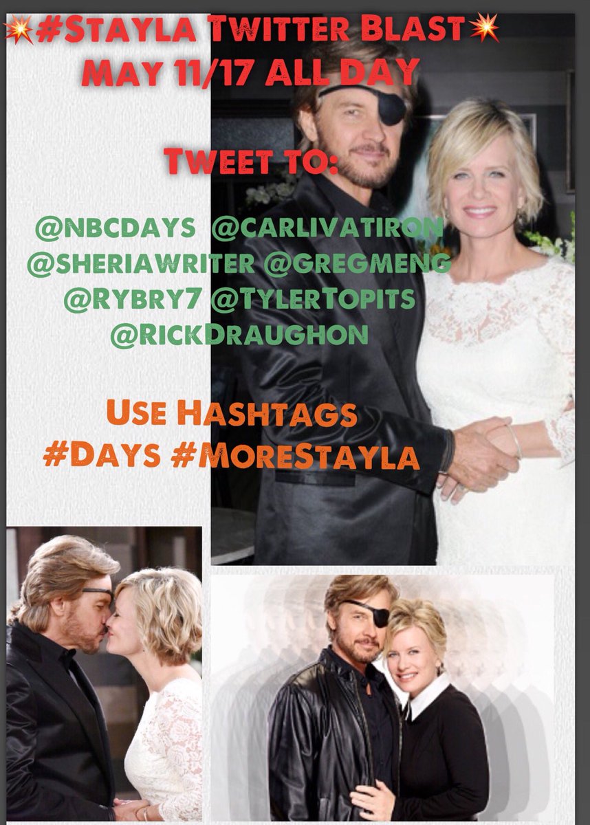 zumbapet's tweet photo. 💥ATTENTION ALL #Days #stayla fans - On May 11/17 is the 💥#Stayla Twitter Blast💥See poster for detailed - we need #MoreStayla #patchandkayla https://t.co/QAQIcwj2Gu
