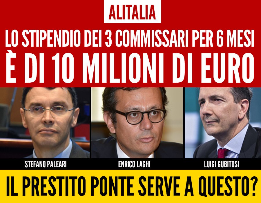 ercole28's tweet photo. #Alitalia perde 2mln/giorno
i 3 amigos #commissari in 6 mesi prendono 10mln
Se la #risanano, sono anche d'accordo.
Ma se #falliscono? https://t.co/lFIScVoRNC