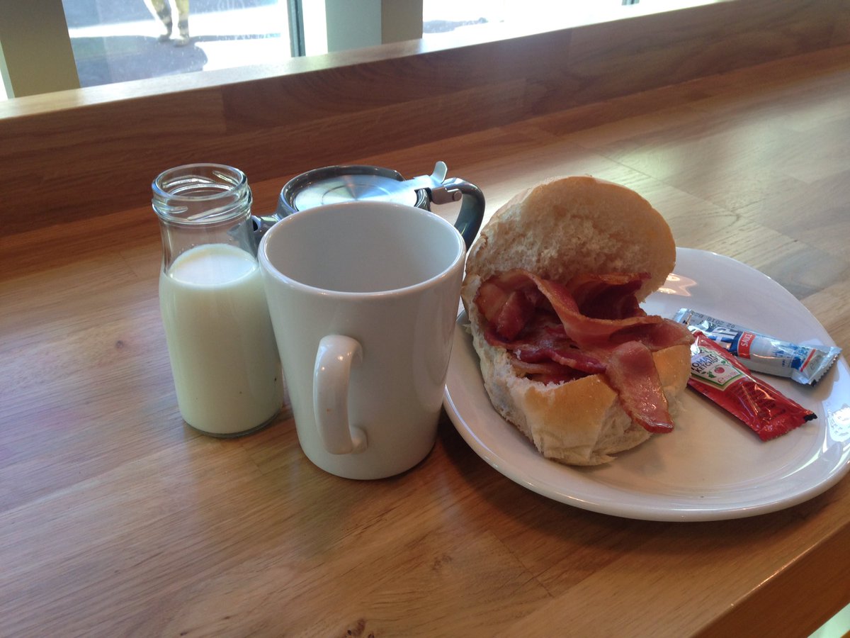 Bacon roll and a cup of tea. The way to start a #friday . #FridayFeeling. Ketchup or brown sauce?