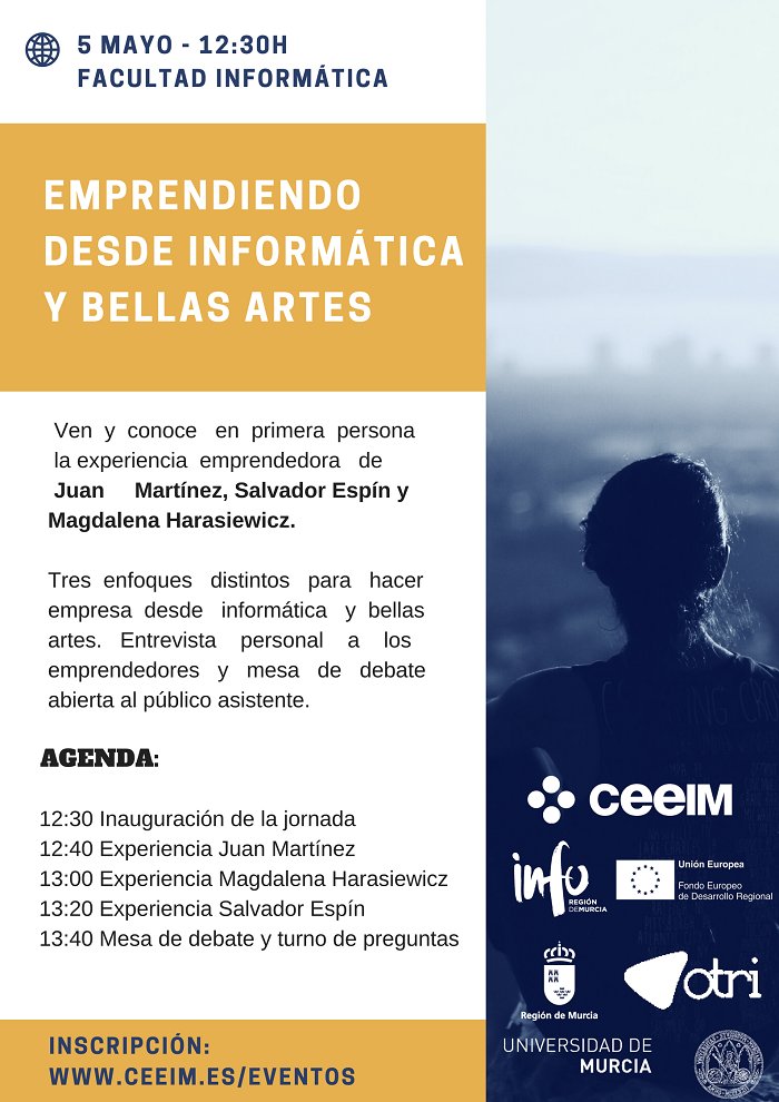 CeeiMurcia's tweet photo. 🔵🤓HOY conoceremos 3 experiencias emprendedoras desde informática y Bellas Artes a las 12:30h en @informaticaumu 🤳👉https://t.co/WKduyW3UEy https://t.co/6fTMPAHPL4