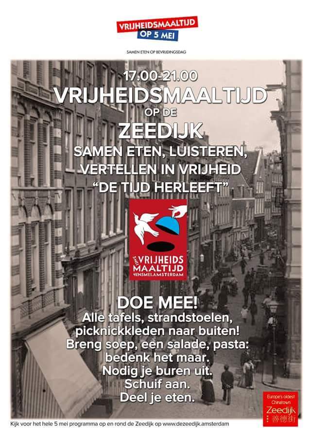 Op de Zeedijk herdenken we en we vieren we de vrijheid met jassen aan en mutsen op #vrijheidsmaaltijd @45meiamsterdam #bevrijdingsdag