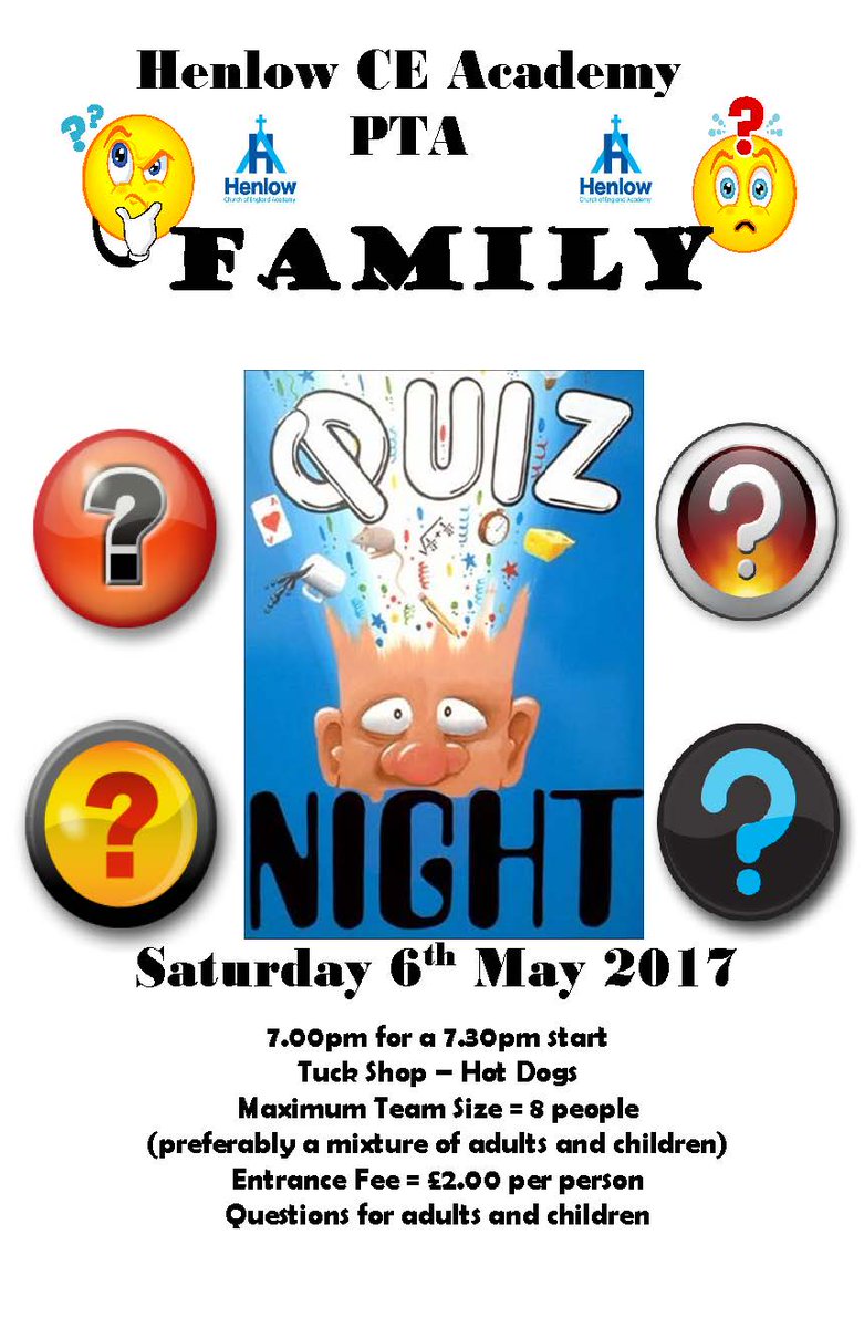 HenlowPTA's tweet photo. Quiz night tomorrow at Henlow Academy. Last few tables available. Msg us for a booking form. Great family fun &amp; be part of your community! https://t.co/FLknqCSxmd
