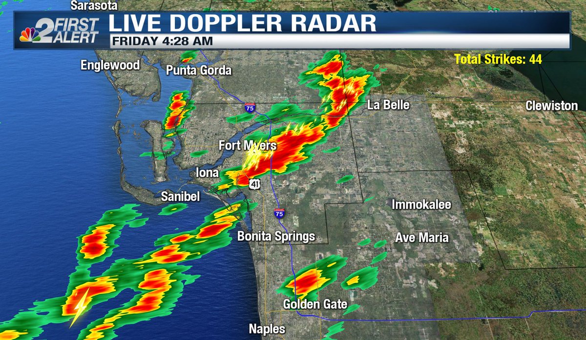 NBC2Weather's tweet photo. 4:30 am - Rain and thunderstorms are moving across #SWFL this morning, @HaleyWebbWx is tracking it all on @NBC2 News Today. #flwx https://t.co/OqpeZkXHqS