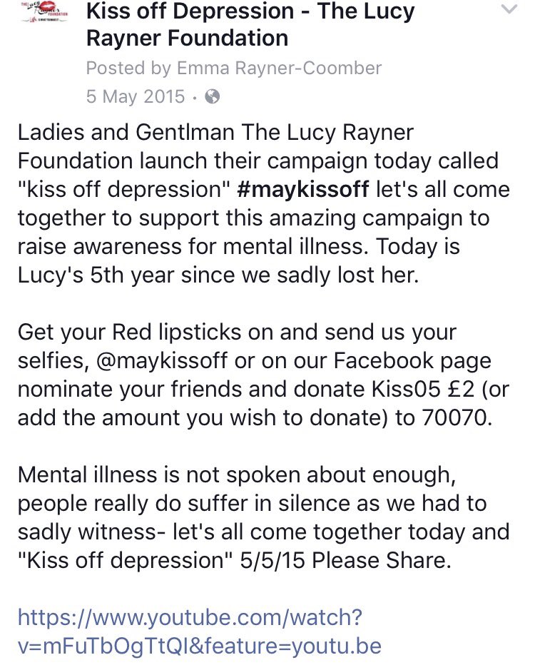TheLRFoundation's tweet photo. Please RT help us fight depression #mentalhealth #raisingawareness #mentalhealthmonth #headstogether #kissoff #kissoffdepression https://t.co/rhNlf2Ttpj