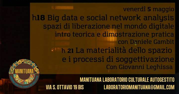 Dani_Gambit's tweet photo. Oggi al #Manituana di #Torino per parlare di #Rete #SocialNetwork #Tecnopolitica #BigData @DinamoPress @teknopol @Wu_Ming_Foundt https://t.co/lpr693tx4w
