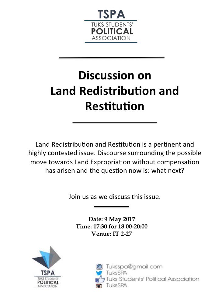Join us next week Tuesday (9 May) for an exciting Discussion on Land Redistribution and Restitution 👌 #TSPA2017