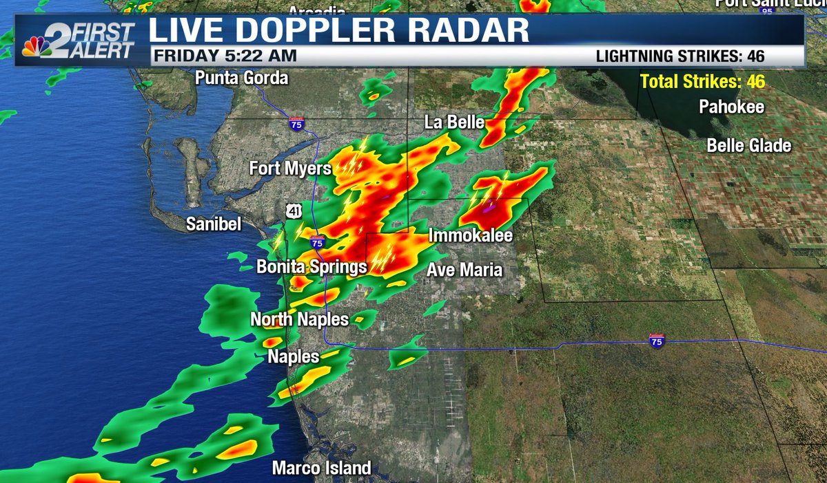 NBC2Weather's tweet photo. 5:30 am - T-showers moving into east Lee Co &amp; Collier Co, expect downpours, lightning, and a little wind as storms move through. @NBC2 #flwx https://t.co/LEk0GfaOoL