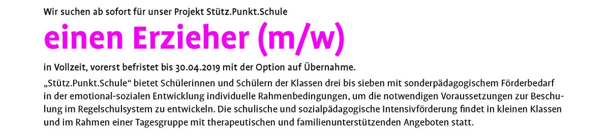 #Stellenangebot #Jobbörse
Jugendhilfe sucht ab sofort für Projekt stütz.Punkt.Schule 
einen Erzieher (m/w) 
evangelisches-johannesstift.de/sites/default/…