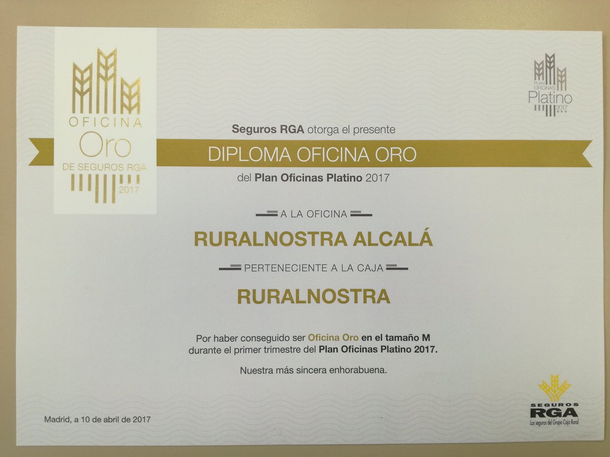 Coop_Alcala's tweet photo. L'oficina ruralnostra d'Alcalà de Xivert rep el diploma de Oficina ORO de Seguros RGA del primer trimestre de 2017. https://t.co/v6YWW33wil