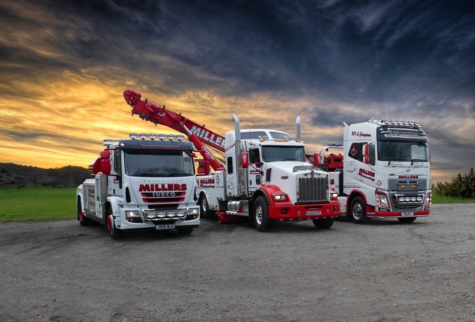 MillersRec's tweet image. Just a few of our trucks in a recent photo shoot. All the credit goes to @TransportMonth magazine for such a great shot! #Recovery #Trucks