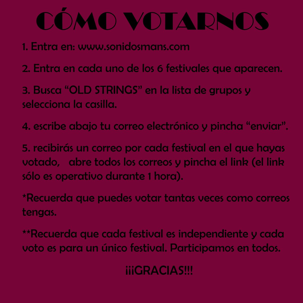 OldStringsOffic's tweet photo. ¿NOS AYUDAS? Participamos en 6 festivales aquí https://t.co/stcXOWFUFa   puedes votar en todos y una vez por cada correo que tengas. https://t.co/3ThAjvHmXp