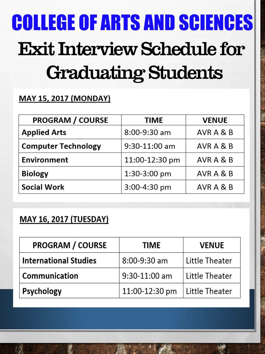 MCBlueBatch2017's tweet photo. All graduating students (MAY TO DECEMBER 2017) are REQUIRED to attend the EXIT INTERVIEW on the following schedule. https://t.co/f1Eemamg4U