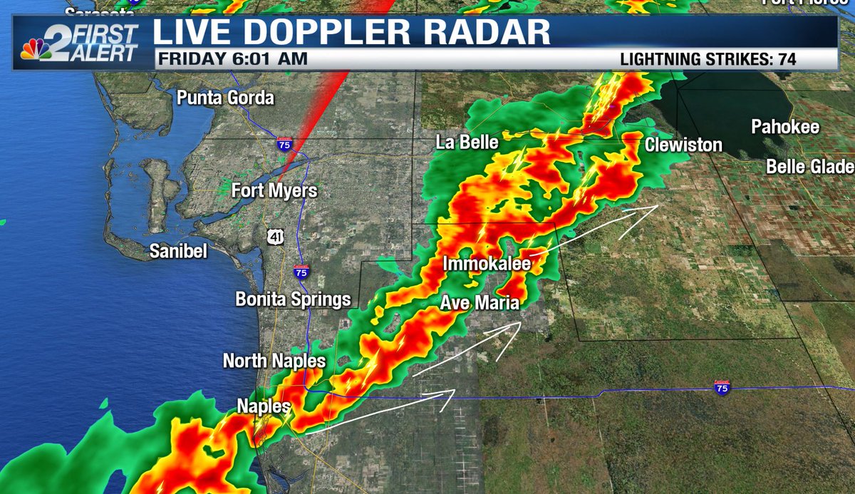NBC2Weather's tweet photo. 6 am - Rain ending for Lee Co, but line of storms now extends from Collier Co to Lake O. @HaleyWebbWx has updates on @NBC2 News Today. #flwx https://t.co/mT9WrmBJg9