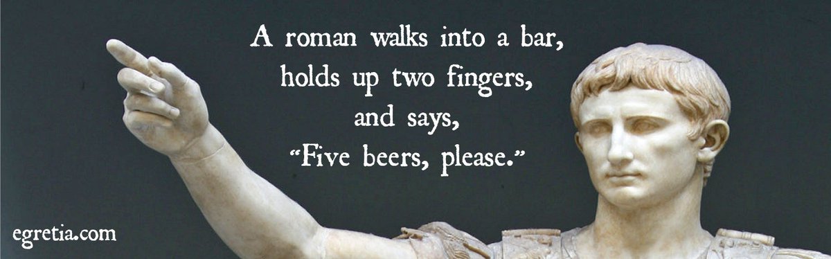 assaphmehr's tweet photo. A Roman wake into a bar, holds up two fingers, and says "#five beers, please!"

#FriDare https://t.co/AmVwtybt3x