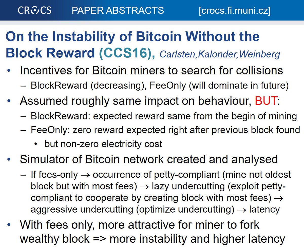 CRoCS_MUNI's tweet image. #paperclub #CCS16 Bitcoin will be unstable without fixed block reward in fee-only mode, #Bitcoin simulator created randomwalker.info/publications/m…