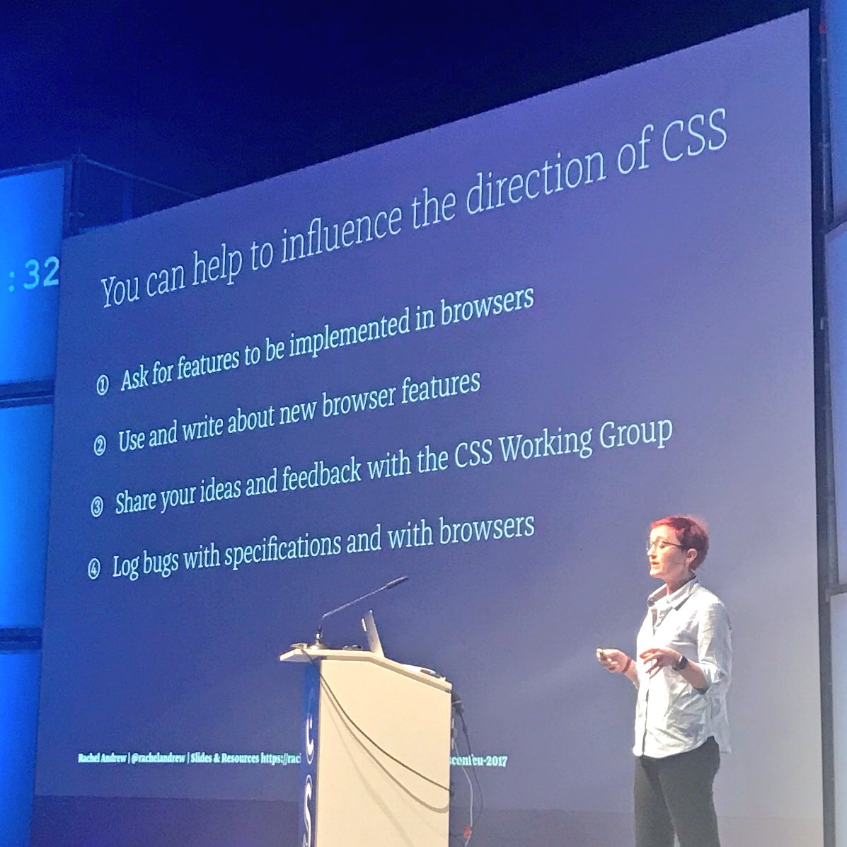 "What is really important is that you can influence the future of CSS" - <a href="/rachelandrew/">Rachel Andrew</a> #CSSConfeu