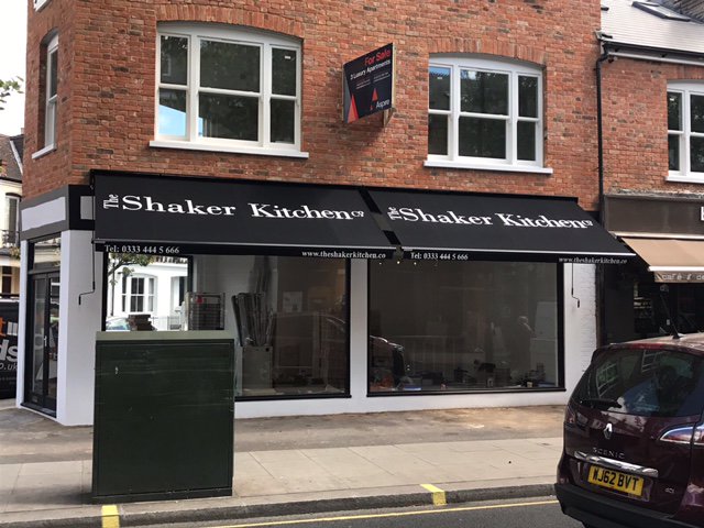 New #awnings 4 <a href="/shakerkitchenco/">The ShakerKitchen Co</a> 4 their new #London showroom, black metalwork &amp; hand painted sign written black fabrics by <a href="/Radiant_Blinds/">Radiant Blinds & Awnings</a>