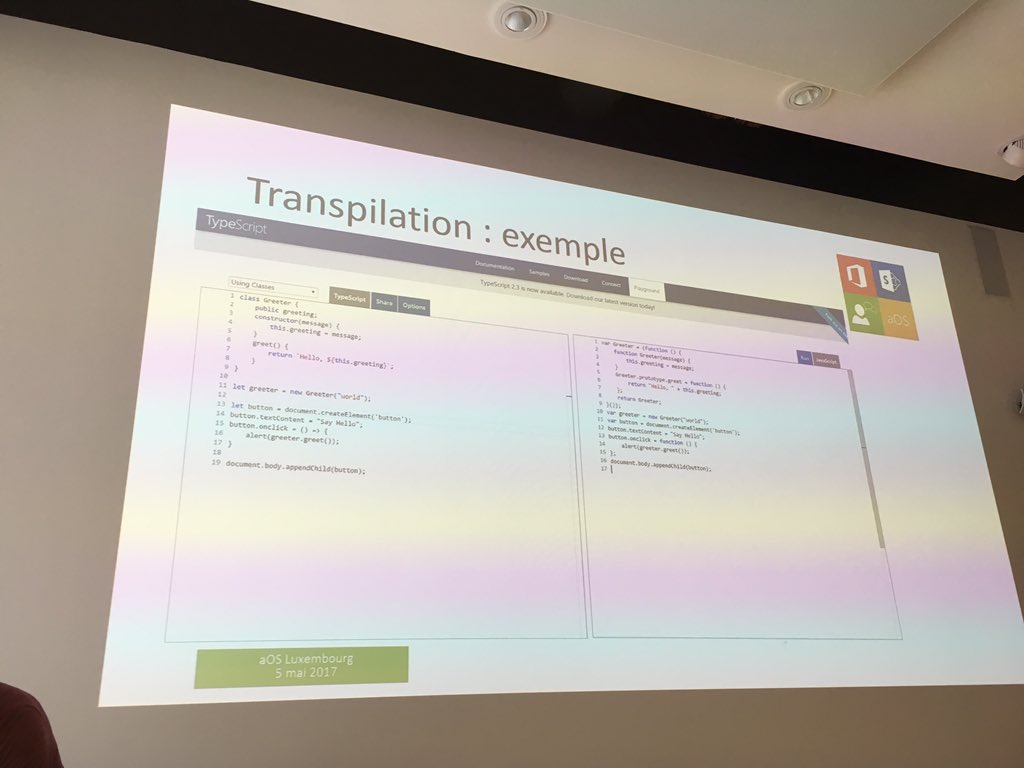 aOSComm's tweet photo. @patricg @AvePoint_Inc @fpoireau @jeffteper @SP_twit @Office365 @felix_billon More on #typescript #transpilation @felix_billon #aOSLuxembourg #MVPBuzz https://t.co/M6rQlyWuug