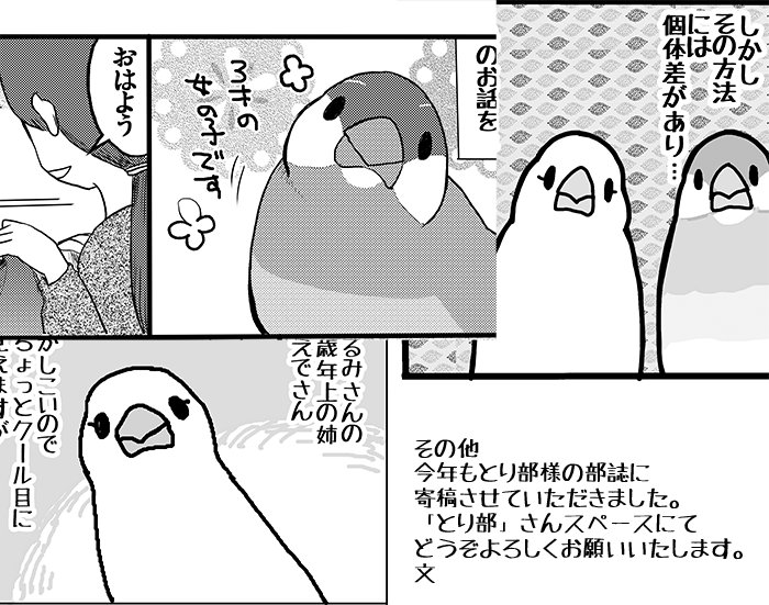 【おしらせ】自スペースとは別に、今年もとり部様の部誌に寄稿させていただきました^v^文鳥さんのまんがを描きました。部誌はとり部参加スペースにてお求めくださいませ。よろしくお願いします。 