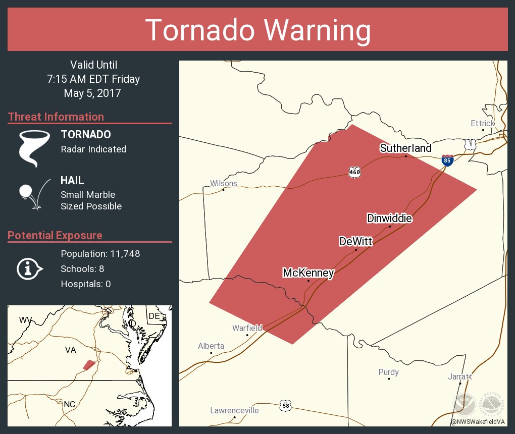 Tornado Warning including McKenney VA, DeWitt VA, Sutherland VA until 7