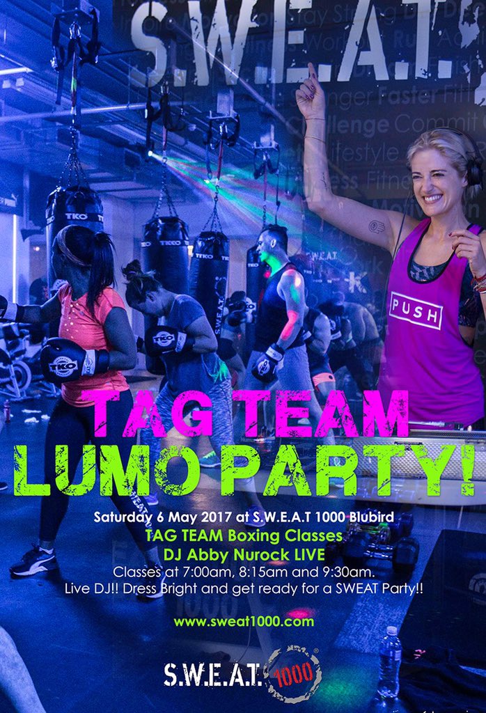 Join us tomorrow - Sat 6 May at <a href="/SWEAT1000/">S.W.E.A.T. 1000</a> Blubird for a Lumo Tag Team Party! Classes 7am, 8:15am &amp; 9:30am Booking is essential! #SWEAT1000