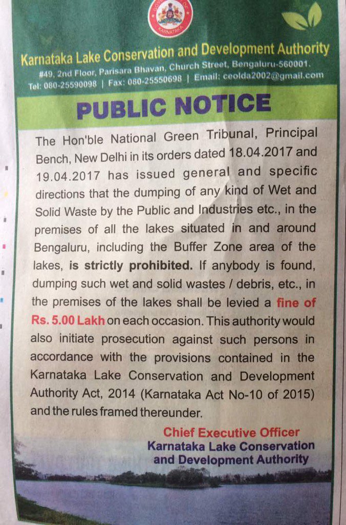 WFRising's tweet photo. Do not dump waste into Bangalore Lakes, fine of Rs 5 lakes says KLCDA https://t.co/lz6xLbkPFI