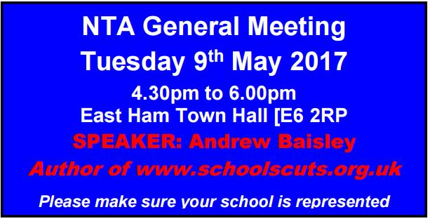 Find out how SCHOOL CUTS will affect your school. Come to the NTA General Meeting