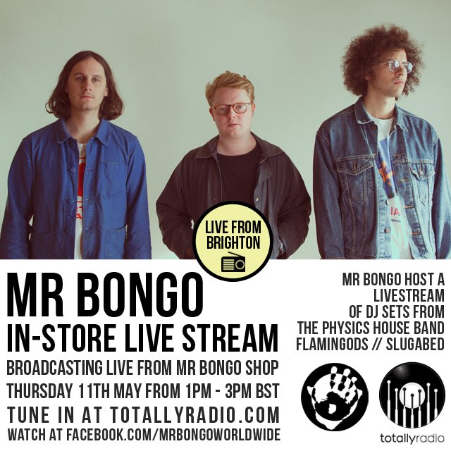 ⚡THURS 11th⚡ <a href="/therealmrbongo/">MR BONGO</a> In-Store: DJ sets from @thephysicsHB <a href="/Flamingods/">Flamingods</a>+@Slugabedmusic from 1-3pm. Tune in at totallyradio.com