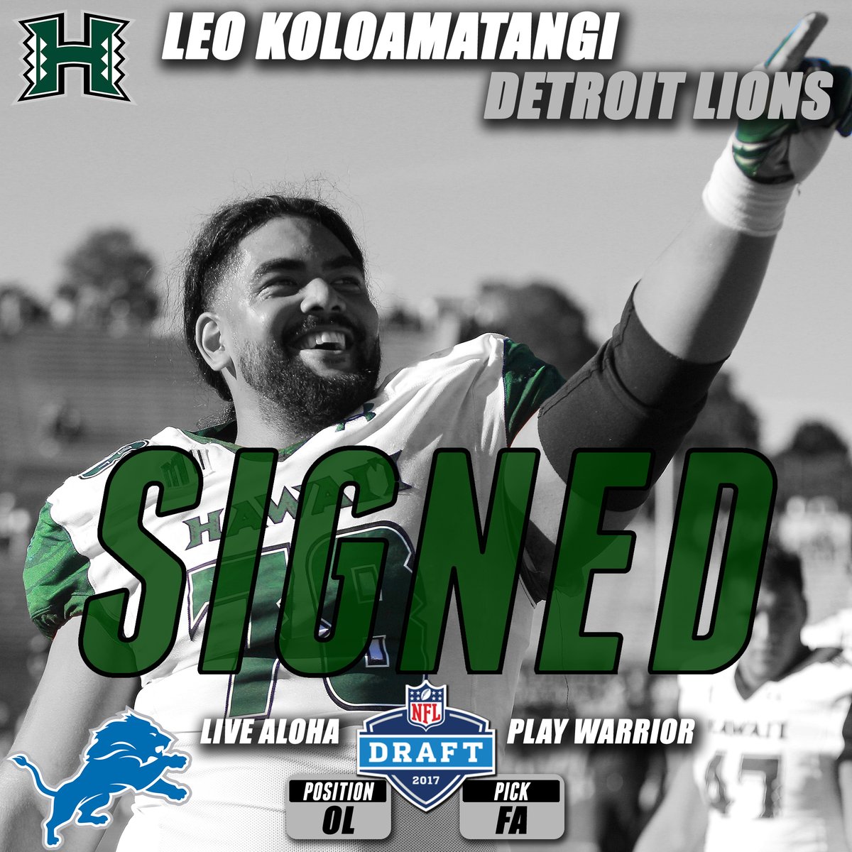 PolynesianFBHOF's tweet photo. Congratulations to @HawaiiFootball OL Leo Koloamatangi on signing with the @Lions. #PolyPride https://t.co/L5C7TlAdZu