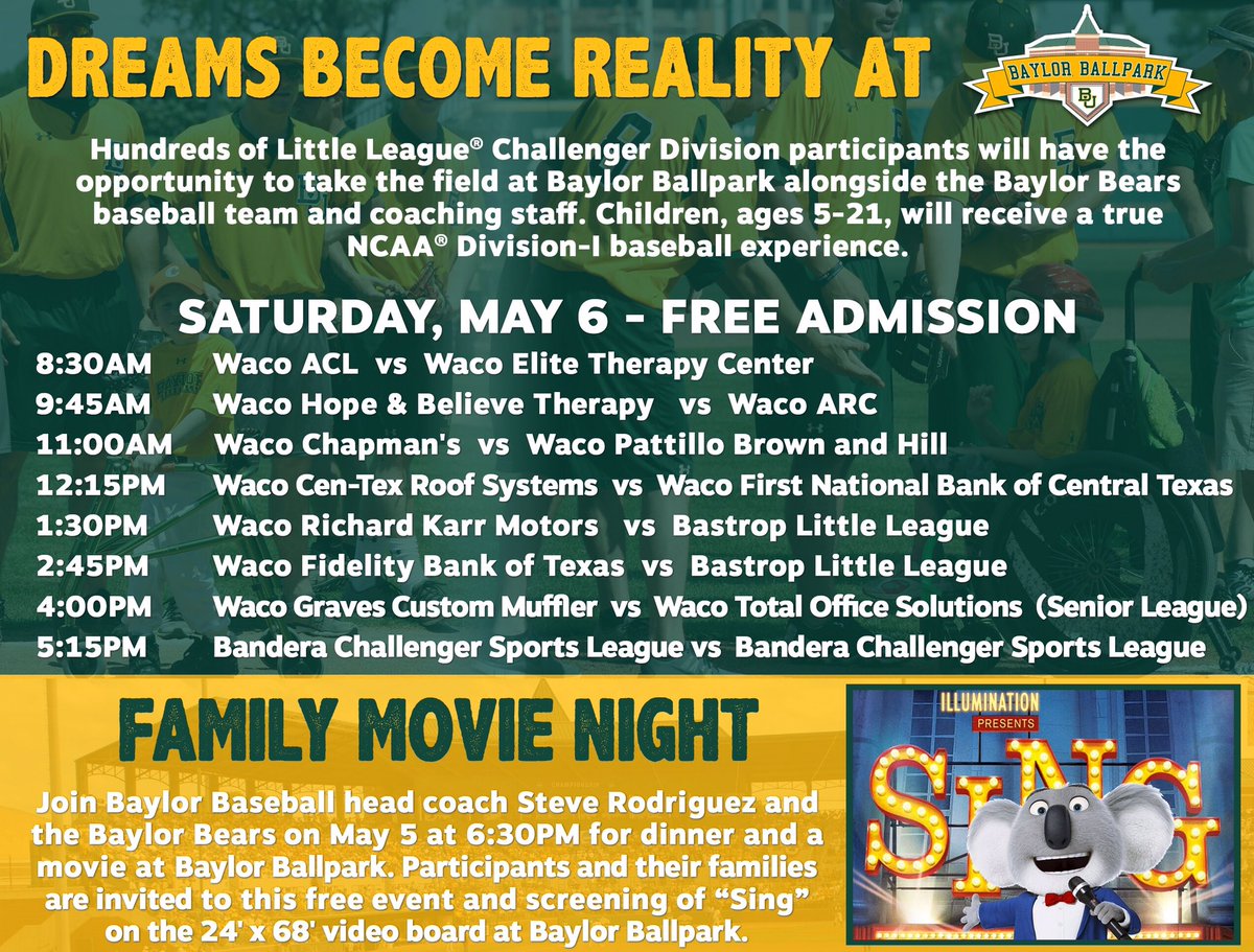BaylorBaseball's tweet image. Bears &amp;amp; @shrinershosp will make dreams become reality @ Baylor Ballpark Saturday with @LittleLeague Challenger games. #GivingBack #SicEm ⚾️