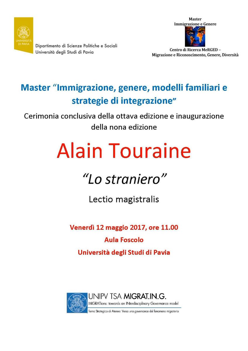 migrating_unipv's tweet photo. Venerdì 12 maggio ore 11.00 aula Foscolo @MasterImmigrazi @unipv #lostraniero #lectio https://t.co/VpzfInne3F
