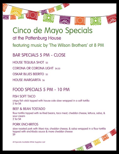 pattenburghouse's tweet photo. Come celebrate Cinco de Mayo at the Pattenburg House with drink and food specials all day, AND the fabulous Wilson Brothers Band at 8 pm! https://t.co/ngv82abyy1