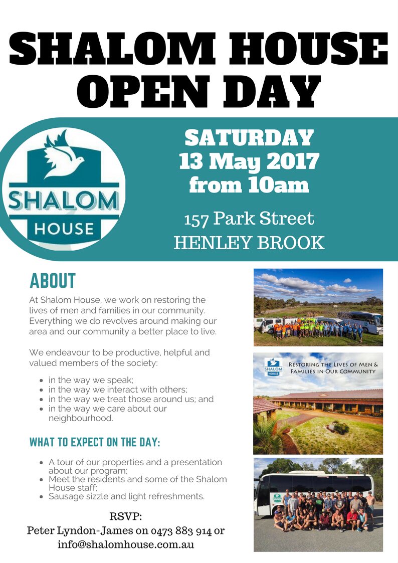 <a href="/ShalomHouseWA/">ShalomHousePerth</a> 13th May, all welcome. #makingadifference